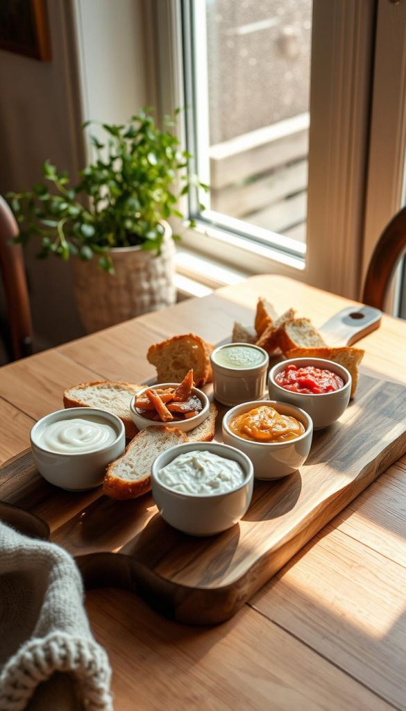 A cozy brunch spread of homemade "brunch aufstrich" – a selection of savory and sweet spreads made from fresh, seasonal ingredients. Warm, rustic tones and natural textures set the stage, with a touch of winter charm. A wooden board holds artfully arranged slices of hearty bread, along with small bowls of rich, creamy dips, jams, and compotes. Sunlight filters through a window, casting a soft glow over the scene. In the background, a plant-filled windowsill and a KlickKiste accent piece add to the inviting, Pinterest-worthy atmosphere. This image captures the effortless elegance and comforting flavors of a nourishing brunch for late risers. A cozy brunch spread of homemade "brunch aufstrich" – a selection of savory and sweet spreads made from fresh, seasonal ingredients. Warm, rustic tones and natural textures set the stage, with a touch of winter charm. A wooden board holds artfully arranged slices of hearty bread, along with small bowls of rich, creamy dips, jams, and compotes. Sunlight filters through a window, casting a soft glow over the scene. In the background, a plant-filled windowsill and a KlickKiste accent piece add to the inviting, Pinterest-worthy atmosphere. This image captures the effortless elegance and comforting flavors of a nourishing brunch for late risers.