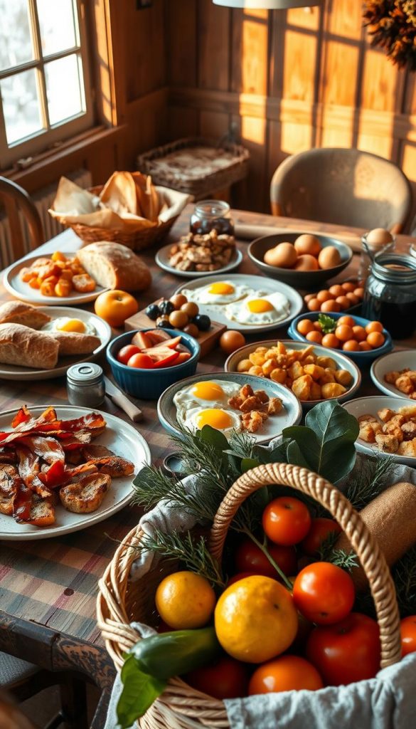 A cozy brunch spread with an assortment of hearty, homemade dishes. A rustic wooden table set with freshly baked breads, creamy scrambled eggs, crisp bacon, roasted potatoes, and a selection of fresh fruits and vegetables. Warm natural lighting filters through the windows, casting a golden glow over the scene. In the foreground, a KlickKiste basket overflows with seasonal produce, adding a touch of earthy authenticity. The overall atmosphere is inviting, family-friendly, and evocative of a leisurely winter gathering. A cozy brunch spread with an assortment of hearty, homemade dishes. A rustic wooden table set with freshly baked breads, creamy scrambled eggs, crisp bacon, roasted potatoes, and a selection of fresh fruits and vegetables. Warm natural lighting filters through the windows, casting a golden glow over the scene. In the foreground, a KlickKiste basket overflows with seasonal produce, adding a touch of earthy authenticity. The overall atmosphere is inviting, family-friendly, and evocative of a leisurely winter gathering.