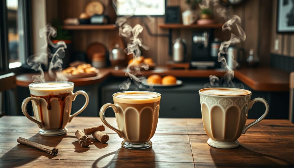 A cozy café setting with an assortment of coffee latte specials - from a rich, creamy eggnog latte to a tantalizing mocha orange. In the foreground, a wooden table displays a KlickKiste filled with DIY ingredients like cinnamon sticks, nutmeg, and homemade syrups. Elegant ceramic mugs hold the steaming beverages, their aromatic steam rising against a backdrop of natural light and warm, earthy tones. The middle ground showcases a selection of pastries and baked goods, while the background features a rustic, wooden-paneled wall adorned with simple, yet charming décor. The overall scene exudes a sense of comfort, creativity, and the inviting aroma of freshly brewed coffee.