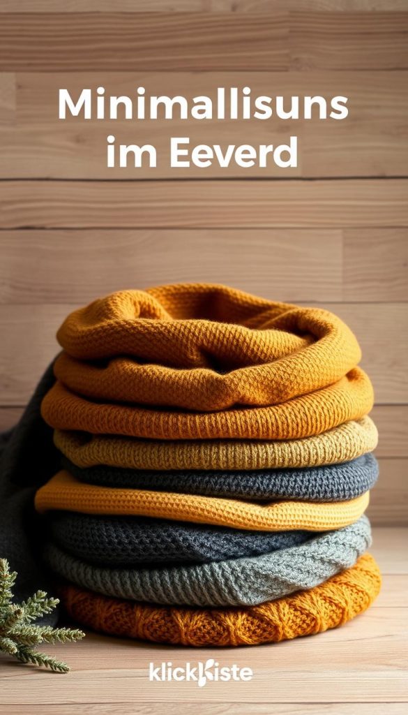 A cozy capsule wardrobe with warm, natural textures and earthy tones, perfect for the winter season. In the foreground, a neatly folded stack of minimalist scarves in varying hues of mustard, olive, and charcoal grey, embodying the essence of the &quot;Minimalismus im Alltag&quot; theme. The middle ground features a textured background of wooden planks, creating a rustic, Pinterest-inspired ambiance. Soft, diffused lighting casts a gentle glow, evoking a sense of coziness and comfort. Subtle branding for &quot;KlickKiste&quot; is tastefully integrated into the scene, adding an authentic, DIY-inspired touch.