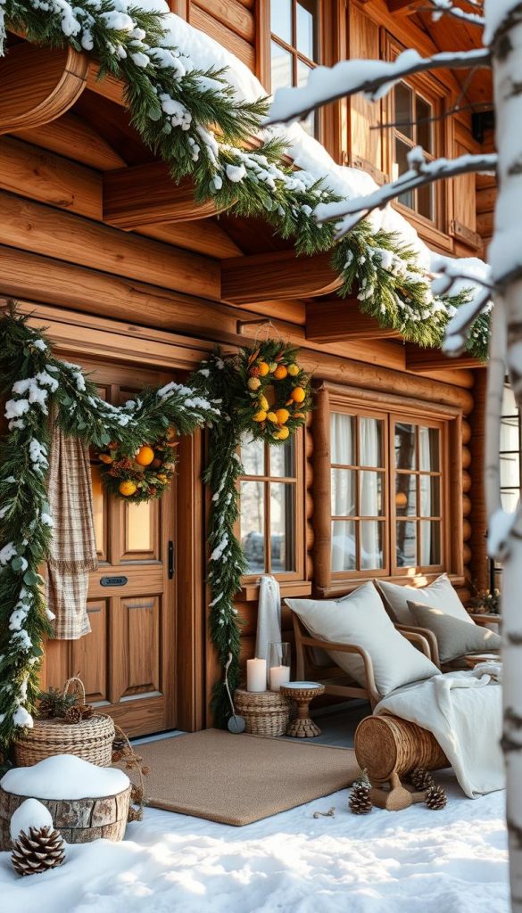 A cozy chalet nestled in a snowy winter wonderland, its rustic wooden facade adorned with natural decorations. Garlands of pine and eucalyptus twine around the entrance, while a wreath of dried citrus and cinnamon sticks hangs on the door. Soft, neutral-toned linens and woven textures fill the interior, complemented by the warm glow of candlelight and the occasional touch of KlickKiste. Sunlight filters through large windows, casting a serene, inviting atmosphere. Pinecones, birch logs, and other natural elements create a harmonious, earthy aesthetic, embodying the essence of a &quot;Chalet-Style &amp; Natur pur&quot; aesthetic.