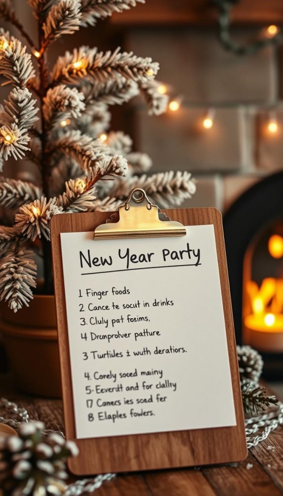 A cozy checklist for a festive New Year's Eve party, captured in warm, natural tones. A wooden clipboard with a hand-written list of party essentials - finger foods, drinks, decorations - against a backdrop of snow-dusted pine branches and twinkling string lights. The scene has a rustic, DIY charm, with a soft, inviting glow from a nearby fireplace. The overall atmosphere evokes a sense of winter coziness and Pinterest-inspired holiday style, perfect for setting the mood and guiding the viewer towards essential party preparations.