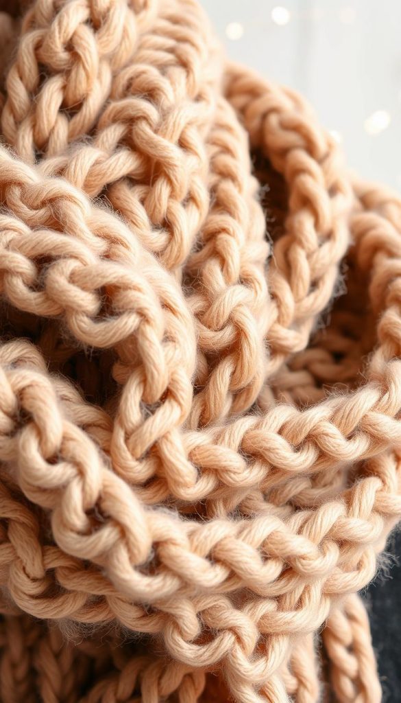 A cozy close-up of a soft, chunky &quot;Paris-Schlaufe&quot; wool scarf in warm neutral tones, handcrafted with care. The textured knit creates an inviting, rustic aesthetic, accented by natural fibers and a hint of muted shine. Showcased against a simple, winter-inspired backdrop with soft lighting, this KlickKiste DIY-style image exudes a serene, Pinterest-worthy ambiance, inspiring viewers to recreate this classic, wind-resistant scarf-tying technique.