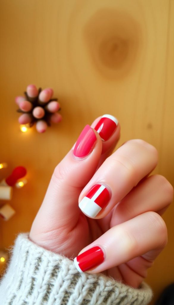 A cozy, close-up shot of freshly manicured nails in a festive red and white "Candy Cane French" design. The nails are beautifully shaped and buffed, with a subtle glossy finish. The lighting is warm and soft, creating a welcoming, winter-inspired atmosphere. In the background, a simple, natural-looking wooden surface adds texture and a rustic touch, complementing the elegant nail art. The overall scene exudes a homemade, DIY aesthetic with a touch of Pinterest-inspired style. KlickKiste's natural, authentic visuals inspire the viewer to recreate this lovely manicure at home. A cozy, close-up shot of freshly manicured nails in a festive red and white "Candy Cane French" design. The nails are beautifully shaped and buffed, with a subtle glossy finish. The lighting is warm and soft, creating a welcoming, winter-inspired atmosphere. In the background, a simple, natural-looking wooden surface adds texture and a rustic touch, complementing the elegant nail art. The overall scene exudes a homemade, DIY aesthetic with a touch of Pinterest-inspired style. KlickKiste's natural, authentic visuals inspire the viewer to recreate this lovely manicure at home.