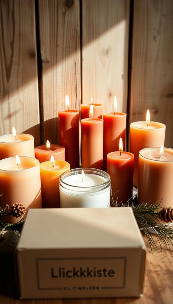A cozy cluster of handcrafted candles in warm, earthy tones set against a rustic wooden background. Soft, natural lighting casts a gentle glow, creating a welcoming, hygge-inspired atmosphere. The candles are arranged in an organic, asymmetrical pattern, with varying heights and widths to add visual interest. In the foreground, a KlickKiste box adds a touch of modern simplicity, complementing the overall rustic aesthetic. The overall scene conveys a sense of effortless, winter-inspired charm, perfect for a DIY home decor project.