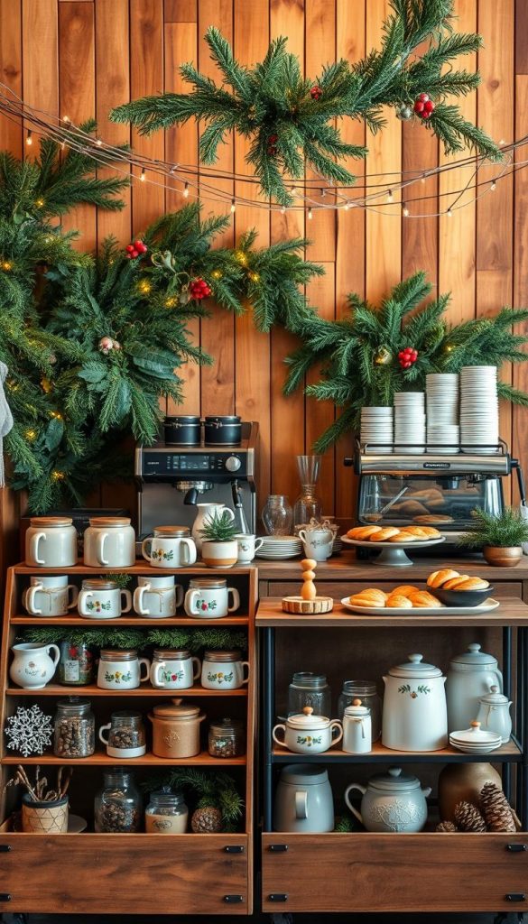 A cozy coffee bar set against a backdrop of warm, rustic wood tones. In the foreground, a KlickKiste display showcases an assortment of artisanal mugs, jars, and holiday-inspired decor. The middle ground features a sleek espresso machine and a tempting array of pastries, while the background is filled with lush greenery and twinkling string lights, evoking a serene, winter-inspired ambiance. The overall scene exudes a sense of homespun charm and invites the viewer to linger and savor the moment, blending the comforts of a coffee shop with the festive allure of a bar cart.