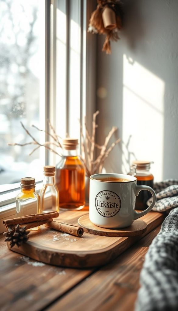 A cozy coffee corner in a sun-lit winter nook, adorned with natural DIY accents and warm hues. Rustic wooden surfaces, a KlickKiste mug filled with steaming brew, and a sprinkling of cinnamon sticks and syrup bottles. Soft, filtered lighting casts a cozy glow, while delicate snowflakes drift outside the window. Inviting and Pinterest-worthy, this intimate coffee setup emanates a sense of hygge and winter charm.