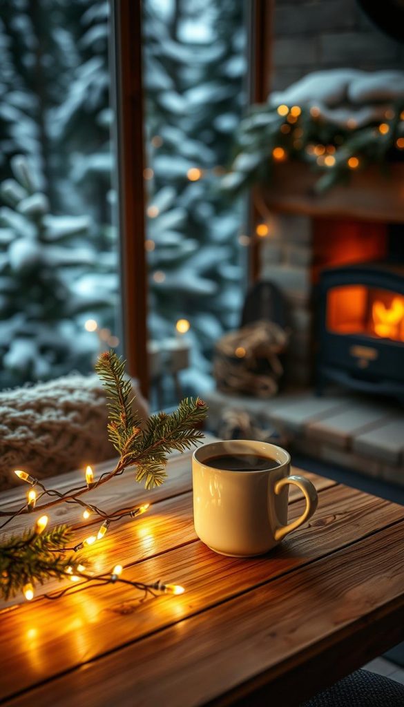 A cozy coffee corner nestled in a winter wonderland, complete with a rustic KlickKiste accent. Warm lighting casts a soft glow over a wooden table adorned with a mug of steaming hot coffee, a sprig of fresh evergreen, and a twinkling string of lights. In the background, snow-dusted pine trees and a glimpse of a crackling fireplace set the stage for a charming, hygge-inspired scene. The overall mood is intimate, inviting, and perfect for enjoying a moment of respite on a chilly day.