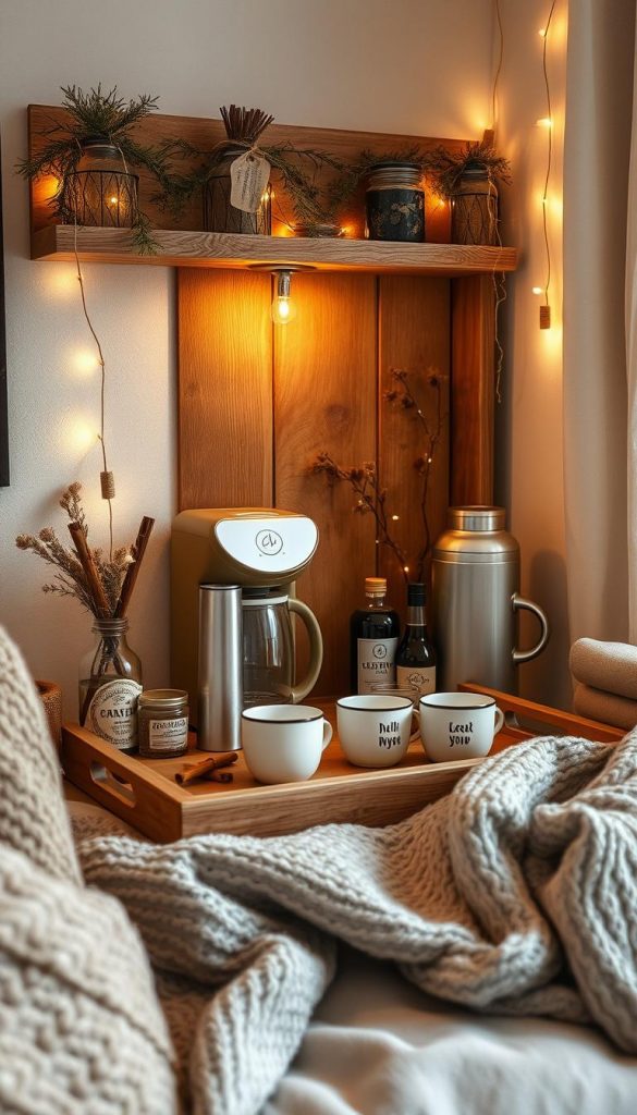 A cozy coffee station nestled in a modern living space, showcasing the latest 2025 design trends. Warm, earthy tones complement natural textures like wood and ceramics, creating an inviting and authentic atmosphere. Delicate fairy lights gently illuminate the scene, casting a soft, winter-inspired glow. Handcrafted elements from the KlickKiste brand, such as a rustic serving tray and customized mugs, add a touch of personalized charm. Plush blankets, cinnamon sticks, and artisanal syrups lend a hygge-inspired vibe, perfectly capturing the essence of autumn and the latest interior design inspirations.
