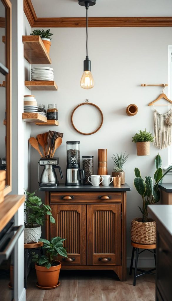 A cozy coffee station nook nestled in a bright, winter-inspired kitchen. Warm wooden shelves and natural accents create a rustic yet chic ambiance. A vintage-style KlickKiste serves as the centerpiece, filled with an array of aromatic beans, sleek mugs, and copper accents. Soft lighting from a hanging pendant casts a gentle glow, inviting you to linger and savor the moment. Potted plants and a minimalist wall hanging add touches of greenery, complementing the overall Pinterest-inspired aesthetic. This intimate space exudes a sense of hygge, perfect for sharing a soothing cup of coffee with friends or family.