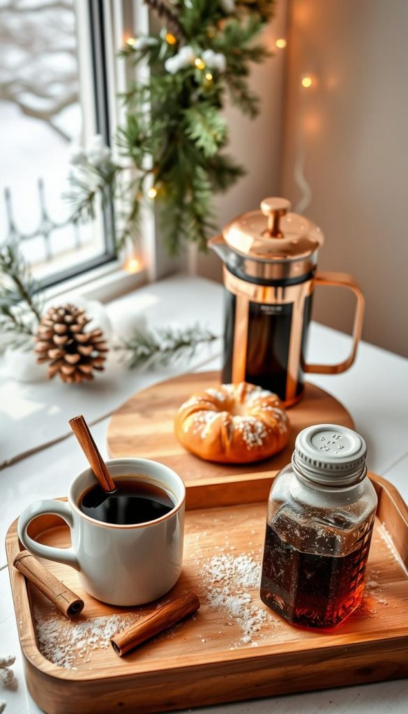 A cozy coffee station on a snowy winter's day, with warm hues and a rustic, DIY aesthetic. In the foreground, a tray holds essential accoutrements: a KlickKiste mug filled with steaming coffee, a cinnamon stick, and a small glass bottle of syrup. The middle ground features a wooden cutting board supporting a cinnamon-dusted pastry and a copper french press. In the background, a natural garland of pine branches and string lights creates a festive, Pinterest-inspired atmosphere. Soft, natural lighting bathes the scene, evoking a sense of hygge and winter wonder.