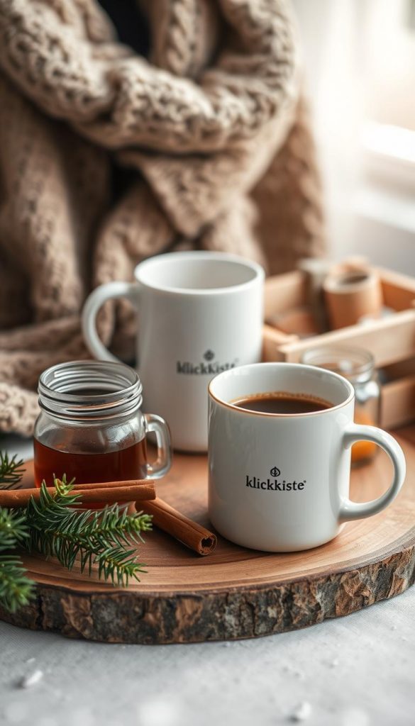 A cozy coffee station set up for a winter day, complete with a rustic wooden tray, a steaming mug of hot coffee, and an array of winter-inspired accoutrements. In the foreground, a sprig of evergreen, a cinnamon stick, and a glass jar filled with maple syrup create a natural, inviting display. The middle ground features a KlickKiste-branded ceramic mug, complemented by a warm knitted scarf and a small wooden crate. The background is softly lit, with a subtle bokeh effect, evoking a sense of hygge and wintertime comfort. The overall mood is one of natural, handcrafted charm, perfect for a cozy and inspiring winter coffee break.
