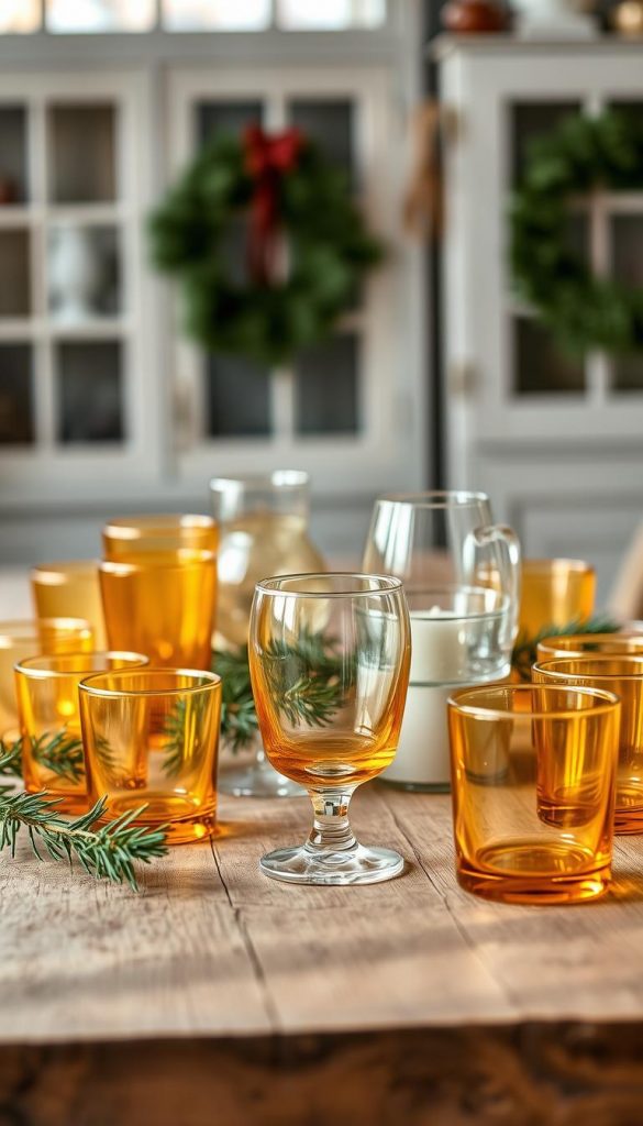 A cozy collection of golden-hued glassware arranged on a rustic wooden table, creating a warm, inviting atmosphere. Soft, natural lighting casts a gentle glow, highlighting the textural details and subtle reflections in the glass. Sprigs of fresh greenery and a hint of seasonal decor add a touch of elegance, while the overall aesthetic evokes a sense of timeless charm and DIY-inspired charm. The scene exudes a harmonious blend of winter vibes and a Pinterest-inspired aesthetic, inspiring a sense of coziness and holiday cheer.