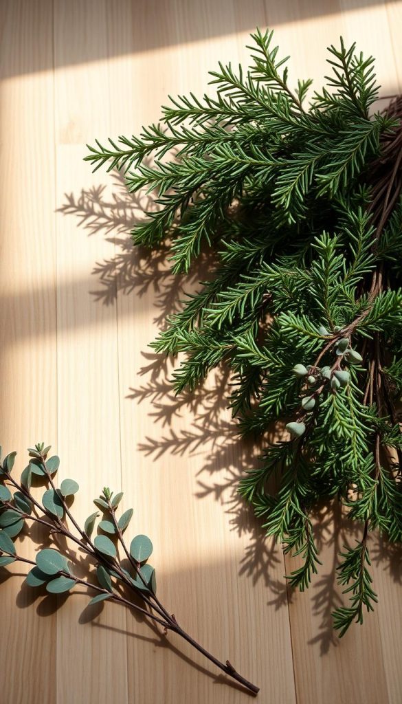 A cozy collection of lush tannenzweigen, their verdant boughs casting soft shadows across a natural wood surface. The warm, muted tones evoke a sense of rustic Nordic charm, accentuated by the gentle play of light and shadow. Sprigs of eucalyptus add a touch of organic elegance, complementing the earthy, winter-inspired palette. Capture the essence of simple, nature-inspired decor with this harmonious still life, exuding a sense of calm and hygge.