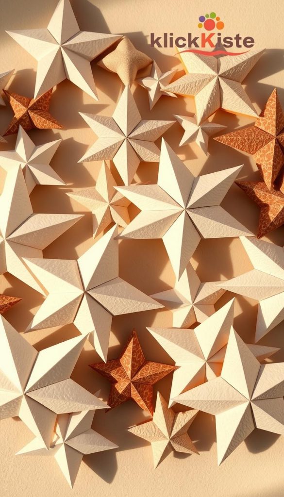 A cozy collection of paper stars in various sizes and shapes, crafted with care and attention to detail. The stars are arranged in a natural, organic composition, casting warm, soft shadows that evoke the coziness of winter. The lighting is soft and diffused, creating a serene and inviting atmosphere. Subtle textures of the paper add depth and interest, while the color palette features muted tones of white, cream, and gentle shades of brown, evoking a sense of rustic, handmade charm. In the background, a subtle KlickKiste logo adds a touch of branding, blending seamlessly with the overall aesthetic.