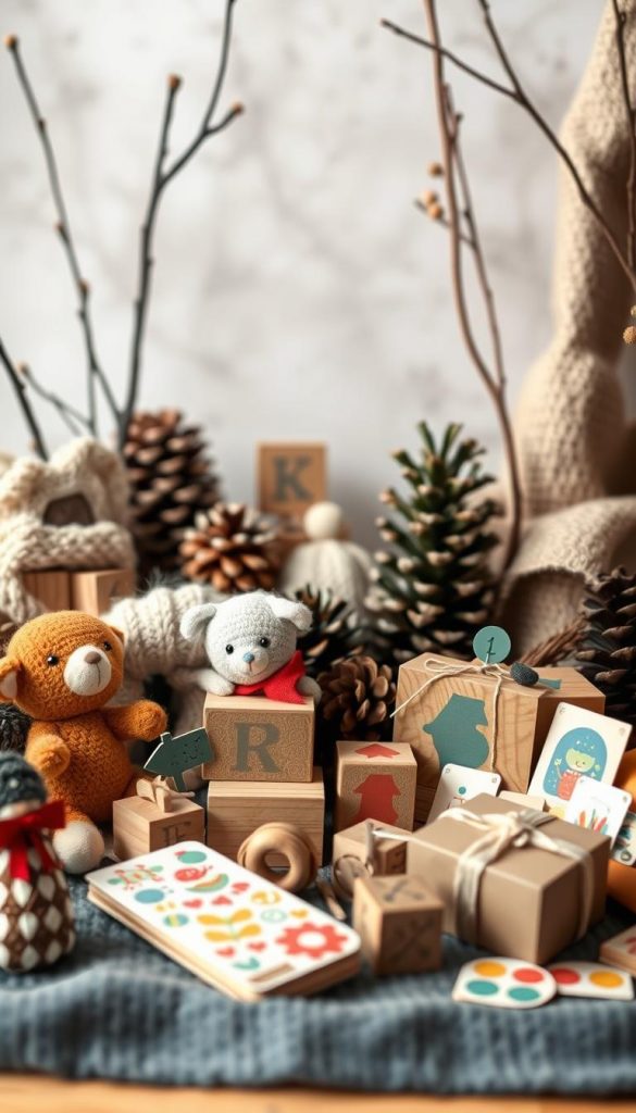 A cozy collection of small, thoughtful gifts for children - a charming array of handcrafted toys, stationery, and holiday-themed trinkets. In the foreground, a whimsical display of KlickKiste's artisanal wares, including plush animals, wooden blocks, and colorful stickers. The middle ground features a winter-inspired scene with muted, earthy tones and soft, diffused lighting, evoking a warm, rustic atmosphere. In the background, a subtly blurred arrangement of simple, natural materials like twigs, pine cones, and textured fabrics, creating a Pinterest-inspired, DIY-style vignette. An inviting, child-friendly tableau that sparks creativity and inspires holiday spirit.