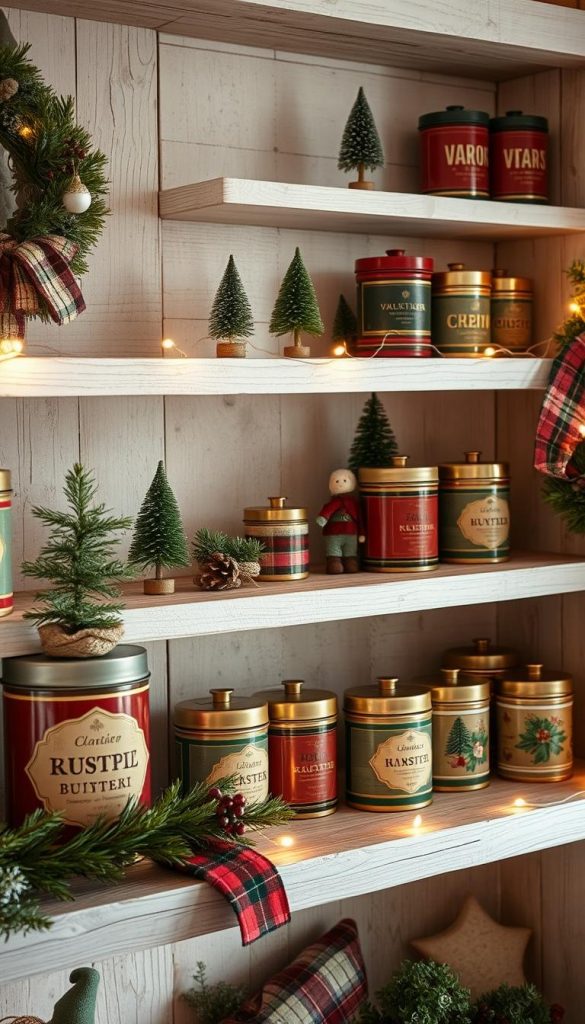 A cozy collection of vintage-inspired Christmas tins, artfully arranged on open shelves with a natural, rustic charm. Soft, warm lighting illuminates the scene, casting a festive glow over the KlickKiste decorations. Textured wooden surfaces, sprigs of greenery, and a touch of seasonal plaid create a welcoming, Pinterest-worthy display. The tins, in muted shades of red, green, and gold, add pops of color and festive flair, while the overall composition has a sense of effortless, DIY-inspired style. The image conveys a feeling of winter coziness and homemade holiday cheer.