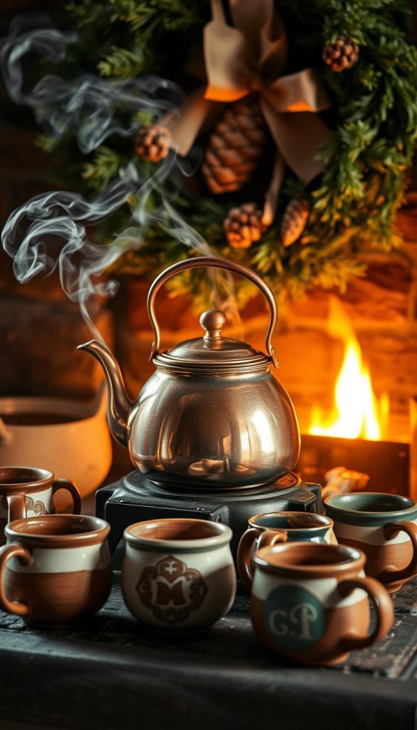 A cozy copper kettle simmers on a rustic wood-burning stove, wisps of aromatic steam curling into the air. Surrounding it, a collection of earthenware mugs, each adorned with a unique handcrafted design, invites guests to indulge in a warm, comforting beverage. The scene is bathed in a soft, golden glow, creating an intimate, hygge-inspired atmosphere perfect for a winter gathering. In the background, a wreath of fresh evergreens and pinecones lends a touch of natural elegance, while the overall composition evokes a sense of homemade charm and seasonal delight. A cozy copper kettle simmers on a rustic wood-burning stove, wisps of aromatic steam curling into the air. Surrounding it, a collection of earthenware mugs, each adorned with a unique handcrafted design, invites guests to indulge in a warm, comforting beverage. The scene is bathed in a soft, golden glow, creating an intimate, hygge-inspired atmosphere perfect for a winter gathering. In the background, a wreath of fresh evergreens and pinecones lends a touch of natural elegance, while the overall composition evokes a sense of homemade charm and seasonal delight.