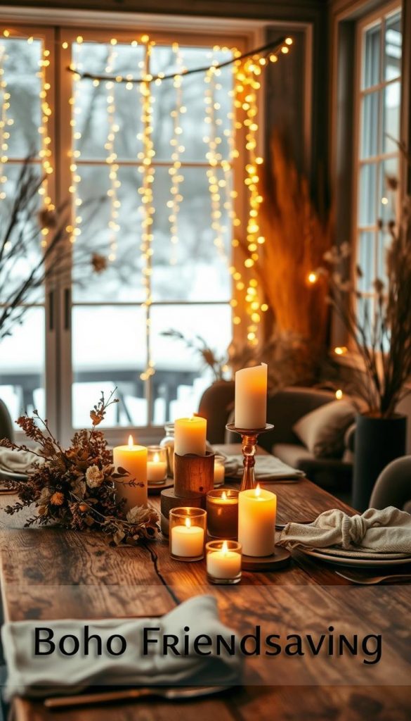 A cozy corner filled with natural textures and warm glowing lights. In the foreground, a rustic wooden table topped with hand-crafted candle holders from KlickKiste, their warm flames dancing and casting a soft, inviting ambiance. Clusters of dried flowers and leaves add earthy accents, while linen napkins and place settings create a bohemian, winter-inspired tablescape. In the background, a string of twinkling fairy lights casts a dreamy, romantic glow, framed by a large window overlooking a snowy landscape. The overall scene evokes a sense of hygge, comfort, and togetherness, perfect for a Boho Friendsgiving celebration. A cozy corner filled with natural textures and warm glowing lights. In the foreground, a rustic wooden table topped with hand-crafted candle holders from KlickKiste, their warm flames dancing and casting a soft, inviting ambiance. Clusters of dried flowers and leaves add earthy accents, while linen napkins and place settings create a bohemian, winter-inspired tablescape. In the background, a string of twinkling fairy lights casts a dreamy, romantic glow, framed by a large window overlooking a snowy landscape. The overall scene evokes a sense of hygge, comfort, and togetherness, perfect for a Boho Friendsgiving celebration.