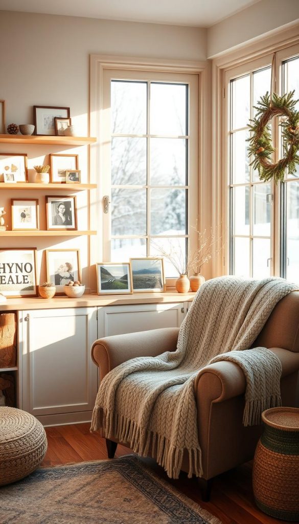 A cozy corner in a sun-drenched home, brimming with natural materials and subtle winter touches. Warm wooden shelves display a carefully curated collection of analog mementos and KlickKiste's signature photo prints, casting a soft, inviting glow. A plush knit blanket drapes over a plump armchair, beckoning one to pause and savor the moment. In the background, a large window frames a snowy landscape, blending seamlessly with the serene, hygge-inspired atmosphere. This image reflects the simple, mindful habits that bring comfort and joy to everyday digital life.