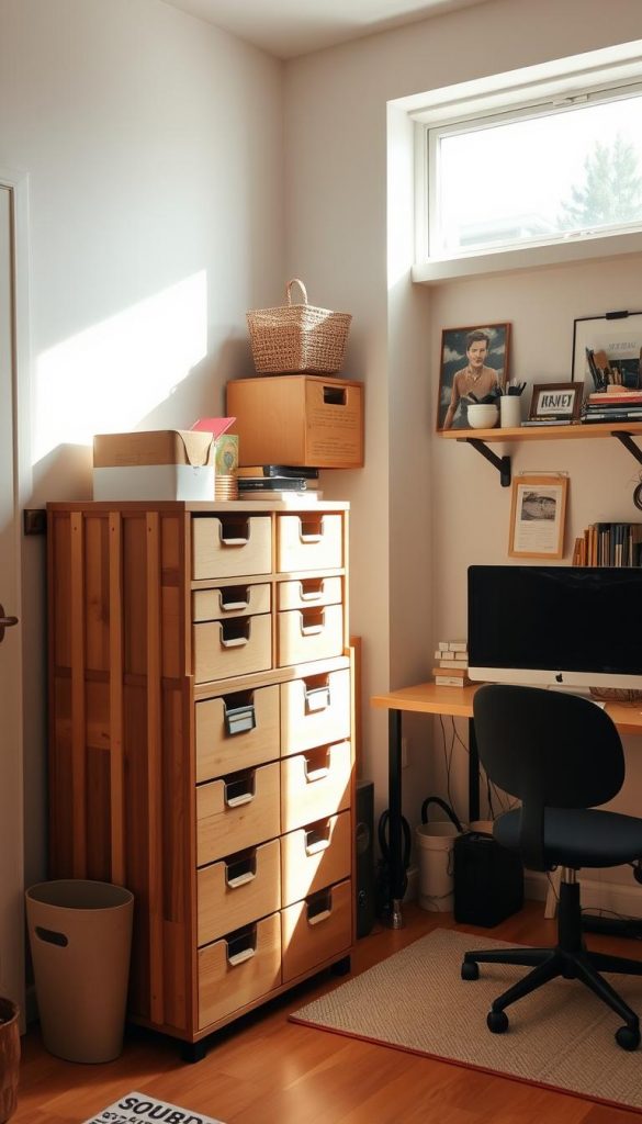 A cozy corner of a home office, illuminated by soft natural light streaming through a window. A KlickKiste storage unit takes center stage, its wooden drawers and shelves neatly organized with labeled bins and baskets. Nearby, a desktop computer and a tidy arrangement of office supplies, cables, and accessories create a harmonious workspace. The overall atmosphere is warm and inviting, with earthy tones and rustic accents that evoke a sense of intentional, DIY-inspired organization. The scene exudes a Pinterest-worthy aesthetic, inspiring productivity and a calming, focused mindset.