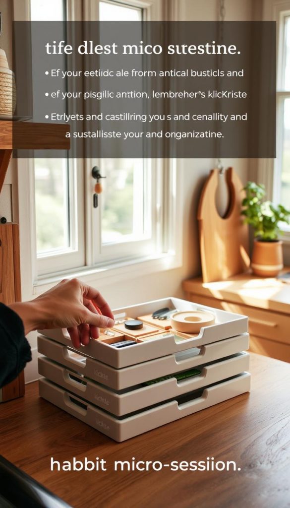 A cozy corner of a kitchen, with natural light filtering through the windows. On a wooden surface, a stack of neatly organized KlickKiste trays, each containing a different everyday item. The scene exudes a sense of calm and order, with a warm, inviting palette of earthy tones and soft textures. In the foreground, a hand casually arranges the contents of a tray, embodying the effortless rhythm of a &amp;quot;habit micro session.&amp;quot; The overall atmosphere is one of intentional, mindful decluttering, inspiring the viewer to establish a sustainable organizational routine.