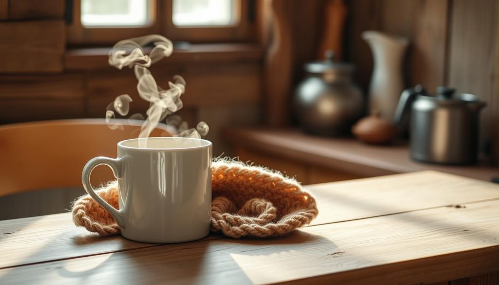 A cozy corner of a rustic kitchen, bathed in soft, natural light. On a wooden table, a steaming mug of hot tea sits beside a simple, hand-knitted &quot;tee&quot; in earthy tones. The tee's texture invites touch, its simple design highlighting the warmth and comfort of homemade crafts. In the background, a glimpse of a KlickKiste, a DIY vessel filled with soothing winter ingredients. The scene exudes a sense of tranquility and mindful indulgence, perfectly capturing the essence of a rejuvenating at-home wellness experience.