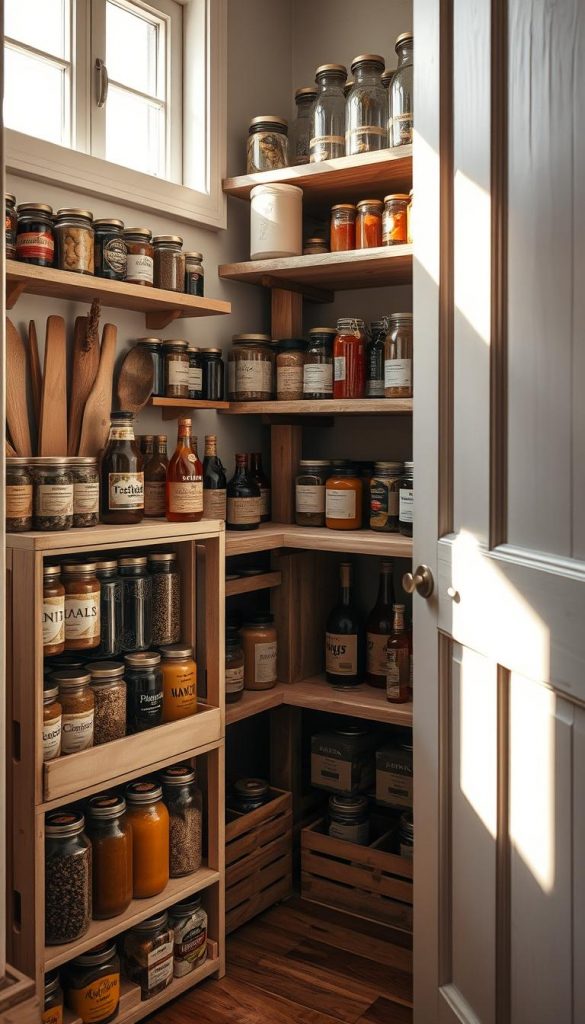 A cozy corner of the pantry, sunlight filtering through the window, casting a warm glow on the jars, bottles, and wooden crates. Natural textures and earthy tones, a sense of order and organization. In the foreground, a KlickKiste filled with neatly arranged spices, herbs, and dried goods. The middle ground showcases an array of preserves, pickles, and homemade sauces, each label handwritten with care. In the background, a rustic shelving unit holds an array of glass jars, their contents visible through the translucent vessels. The overall atmosphere is one of intentionality, efficiency, and a touch of Nordic simplicity - a &amp;quot;Ordnung&amp;quot; that inspires and nourishes.