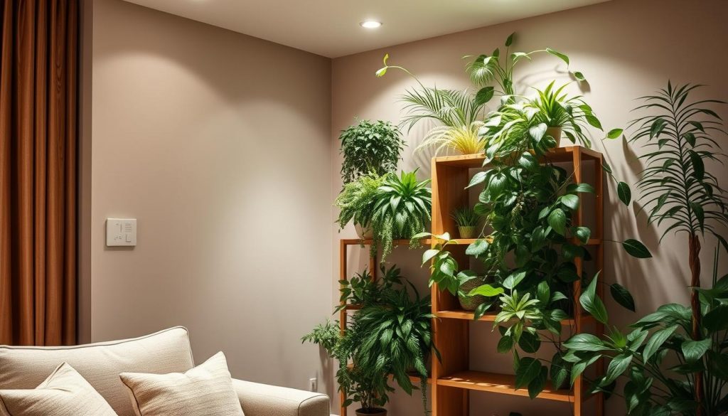 A cozy corner showcasing a natural plant divider, crafted with KlickKiste's DIY modular system. Warm beige tones blend with rich wooden accents, creating a serene ambiance. Lush greenery cascades from a minimalist shelf unit, softly illuminated by subtle overhead lighting. The arrangement exudes a sense of tranquility, seamlessly blending the living space. Angle the camera to capture the interplay of light and shadow, highlighting the organic textures and soothing color palette. Convey a welcoming, homely atmosphere that invites relaxation and mindfulness.