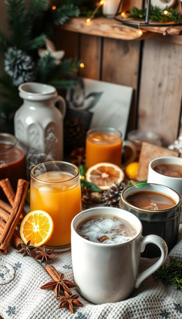 A cozy corner showcasing an inviting collection of homemade, alcohol-free winter drinks. In the foreground, a variety of steaming mugs and glasses brimming with aromatic, soothing beverages, their warmth and steam visible. The middle ground features an assortment of natural, seasonal ingredients - cinnamon sticks, star anise, citrus slices, and fragrant herbs. In the background, a cozy, rustic-inspired setting, with soft lighting and a hint of winter greenery, creating a welcoming, hygge-inspired atmosphere. The overall mood is one of comfort, care, and togetherness, perfect for enjoying a nurturing, non-alcoholic beverage on a chilly day. A cozy corner showcasing an inviting collection of homemade, alcohol-free winter drinks. In the foreground, a variety of steaming mugs and glasses brimming with aromatic, soothing beverages, their warmth and steam visible. The middle ground features an assortment of natural, seasonal ingredients - cinnamon sticks, star anise, citrus slices, and fragrant herbs. In the background, a cozy, rustic-inspired setting, with soft lighting and a hint of winter greenery, creating a welcoming, hygge-inspired atmosphere. The overall mood is one of comfort, care, and togetherness, perfect for enjoying a nurturing, non-alcoholic beverage on a chilly day.