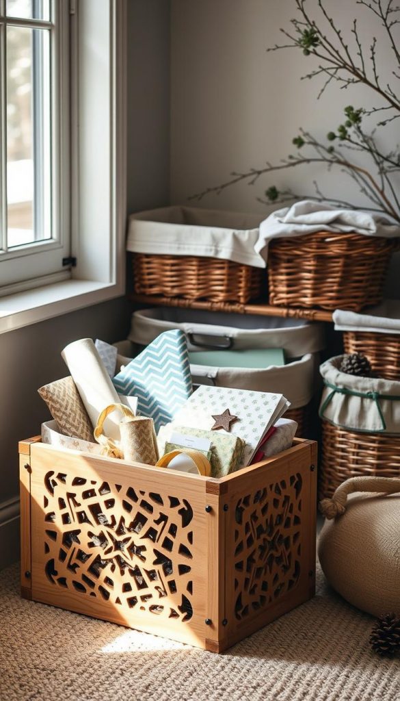 A cozy corner showcasing sustainable storage solutions for gift wrap. The foreground features a KlickKiste, a handcrafted wooden box with intricate cutouts, housing neatly folded sheets of patterned paper and colorful ribbons. Soft, natural lighting filters through a nearby window, casting a warm glow on the scene. In the middle ground, a collection of wicker baskets and fabric-lined bins stand ready to hold an array of gift-wrapping essentials. The background subtly hints at a winter landscape, with a smattering of pine branches and pinecones adding a touch of rustic charm. The overall atmosphere is one of calm, organized simplicity, embodying the essence of a sustainable, DIY-inspired approach to gift wrap storage.