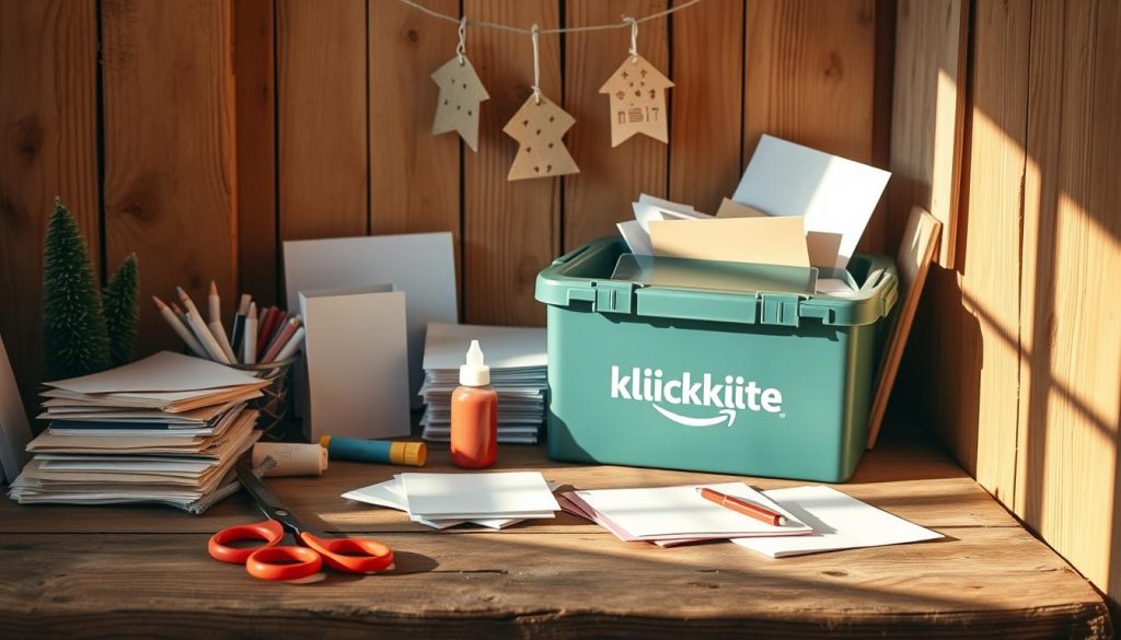 A cozy crafting nook filled with warm wooden textures and natural hues. On a rustic table, an assortment of DIY tools and materials - scissors, glue, colored papers, and a branded KlickKiste storage box. Soft, directional lighting casts gentle shadows, creating a welcoming atmosphere. In the background, simple handmade Christmas decorations hang from a string, hinting at the creative potential. This tranquil scene showcases practical, Amazon-friendly tools and supplies for crafting charming homemade holiday cards.