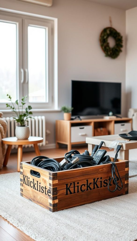 A cozy, decluttered living room with a warm, natural aesthetic. The foreground features a rustic wooden storage box labeled &quot;KlickKiste&quot; neatly organizing cables, remote controls, and small decor items. In the middle ground, a minimalist side table with a plant and a few carefully placed trinkets. The background showcases a large window with soft, diffused winter light, highlighting the clean, airy feel of the space. Earthy tones, natural textures, and a subtle, Pinterest-inspired mood create an inviting, inspirational atmosphere.