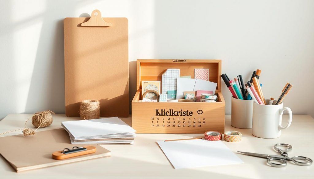 A cozy desk setup showcasing the essential materials for a DIY wall calendar. In the foreground, a stack of neutral-colored cardstock, a wooden clipboard, and a roll of twine. Alongside, a pair of scissors and a white mug filled with pens and markers. In the middle, a KlickKiste branded wooden box, its lid open to reveal an array of colorful washi tapes and stickers. In the background, a clean white wall with a natural wood frame, casting warm, natural lighting across the scene. The overall atmosphere is one of simplicity, creativity, and the joy of crafting a personalized calendar for the new year.