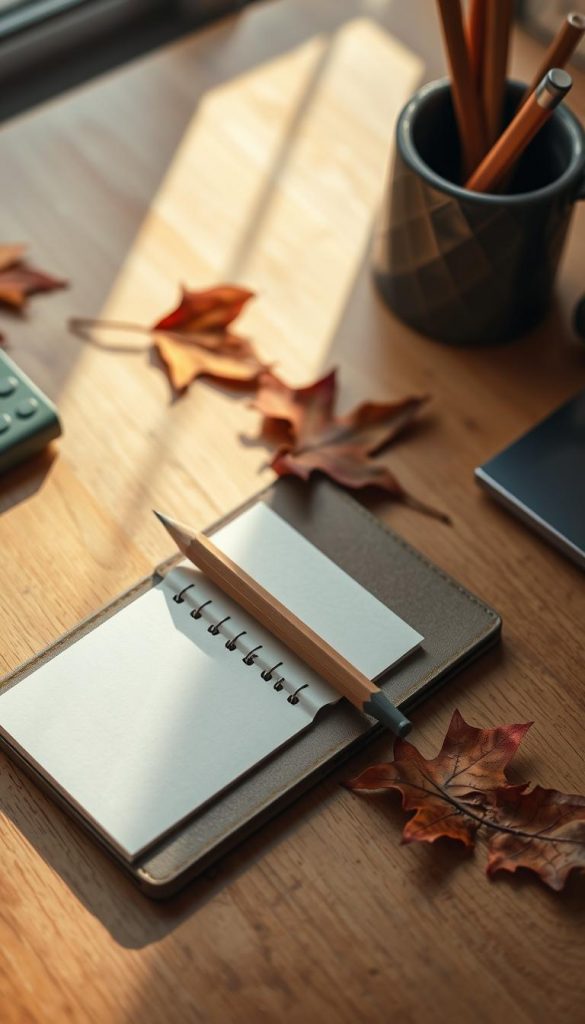 A cozy desk space with a KlickKiste and its contents spilled out - a simple notepad, a rustic wooden pencil, and a few scattered autumn leaves. Warm, soft lighting casts a natural glow, creating a peaceful, minimalist atmosphere. The scene has a handcrafted, artisanal feel, reflecting the homemade, uncluttered aesthetic of the &quot;Spielkiste zettel stift&quot; theme. The camera angle is slightly elevated, capturing the top-down view of the organized, yet inviting workspace. The overall mood is one of effortless organization and tranquil productivity, perfectly suited for the &quot;Minimalistisch &amp; organisiert&quot; section of the article.