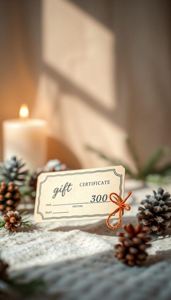 A cozy digital gift certificate floating against a warm, winter-inspired backdrop. Soft, natural light illuminates the scene, creating a serene and inviting atmosphere. The gift certificate appears hand-crafted, with a textured, artisanal feel that evokes a sense of authenticity and inspiration. Subtle hints of greenery, pine cones, and a touch of frost add to the rustic, Pinterest-worthy aesthetic. The overall mood is relaxed, comforting, and perfect for a last-minute, stress-free gift idea. A cozy digital gift certificate floating against a warm, winter-inspired backdrop. Soft, natural light illuminates the scene, creating a serene and inviting atmosphere. The gift certificate appears hand-crafted, with a textured, artisanal feel that evokes a sense of authenticity and inspiration. Subtle hints of greenery, pine cones, and a touch of frost add to the rustic, Pinterest-worthy aesthetic. The overall mood is relaxed, comforting, and perfect for a last-minute, stress-free gift idea.