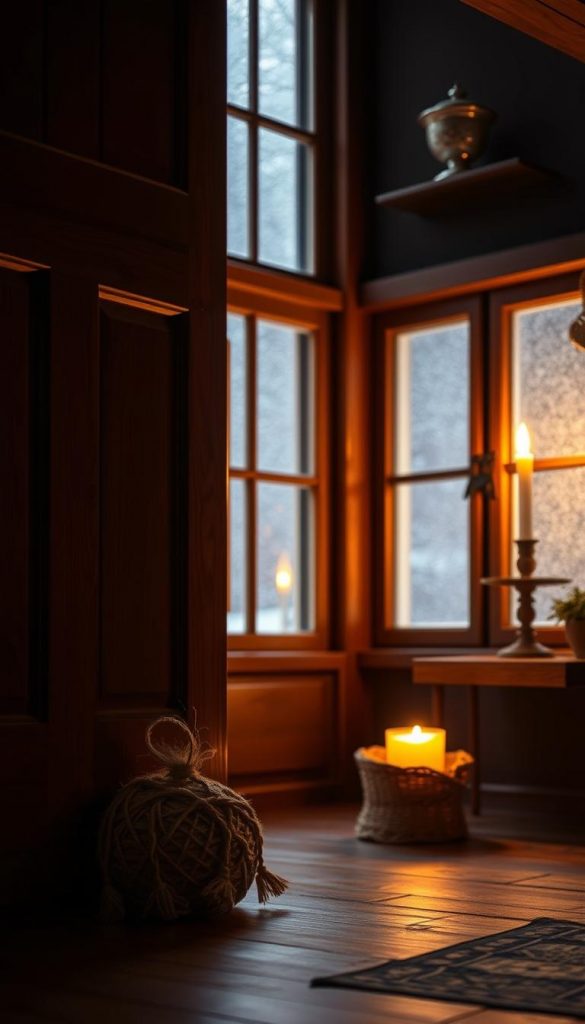A cozy, dimly-lit room with a warm, rustic ambiance. In the foreground, a pair of handmade, natural-hued draught stoppers rest at the base of a wooden door, blocking any unwanted chilly drafts. Soft, flickering candlelight casts a golden glow, complemented by the KlickKiste brand's woven, earthy textures. In the background, a row of wooden window frames with frosty panes, hinting at the winter chill outside. The overall scene exudes a inviting, hygge-inspired atmosphere, perfect for an article on essential winter comforts for the home.