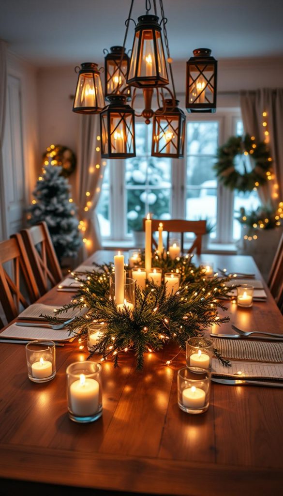 A cozy dining table bathed in a soft glow, the centerpiece a magical arrangement of flickering lichterketten cascading over the wooden surface. Warm candlelight dances and casts a comforting ambiance, complemented by a cluster of rustic lanterns hovering above. The scene exudes a sense of hygge, perfect for KlickKiste's &quot;Lichtlagen, die verzaubern&quot; feature - an inviting winter tableau that beckons families to gather and create cherished memories.