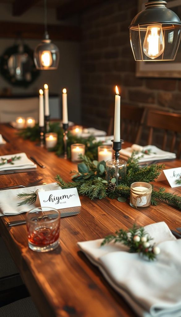 A cozy dining table set with rustic placecards, evergreen sprigs, and a soft glow of candlelight. The tabletop is crafted from reclaimed wood, its warm tones complementing the natural textures. Vintage-inspired placecards, hand-lettered with guests' names, sit atop linen napkins. Clusters of pine, eucalyptus, and holly add pops of green, creating a festive, winter-inspired scene. Soft, diffused lighting from overhead pendants casts a gentle ambiance, highlighting the simple yet elegant presentation. The overall mood is one of intimate hospitality, inviting guests to gather and celebrate the season.