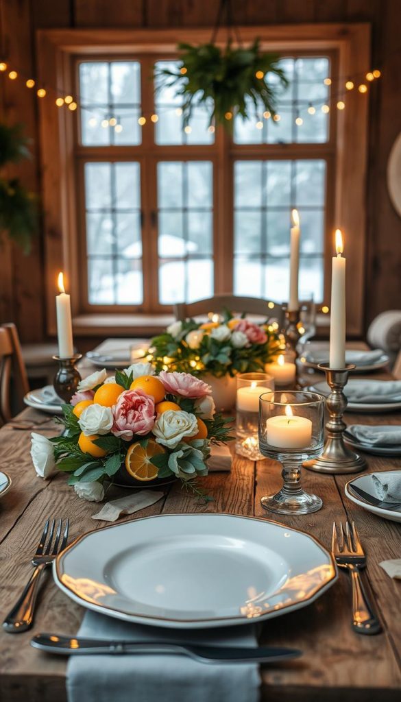 A cozy dinner scene in a rustic winter setting. A wooden table adorned with a centerpiece of fresh citrus and fragrant carnations, casting a warm glow. Soft candlelight flickers, creating an intimate atmosphere. In the foreground, a place setting with fine china and polished silverware, inviting guests to savor the meal. The middle ground features an arrangement of seasonal greenery and twinkling fairy lights, setting the mood. In the background, a large window offers a view of a snowy landscape, adding to the tranquil ambiance. Produced by KlickKiste, this image captures the essence of the "Praxis-Tipps für den Dinnerflow: Höhen, Duftintensität & Platz fürs Essen" section with its natural, inviting, and Pinterest-inspired style. A cozy dinner scene in a rustic winter setting. A wooden table adorned with a centerpiece of fresh citrus and fragrant carnations, casting a warm glow. Soft candlelight flickers, creating an intimate atmosphere. In the foreground, a place setting with fine china and polished silverware, inviting guests to savor the meal. The middle ground features an arrangement of seasonal greenery and twinkling fairy lights, setting the mood. In the background, a large window offers a view of a snowy landscape, adding to the tranquil ambiance. Produced by KlickKiste, this image captures the essence of the "Praxis-Tipps für den Dinnerflow: Höhen, Duftintensität & Platz fürs Essen" section with its natural, inviting, and Pinterest-inspired style.