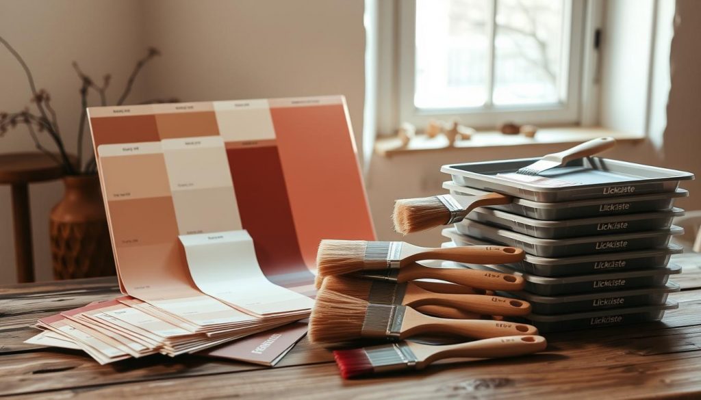 A cozy, earthy palette of trendpalette colors for the winter of 2025/26. A rustic wooden table displays an array of paint chips in muted shades of beige, warm whites, and deep reds. Nearby, a stack of DIY painting supplies from the KlickKiste brand - brushes, rollers, and trays - stand ready to transform a space. Natural lighting filters in through a large window, casting a soft, inviting glow over the scene. The overall atmosphere evokes a sense of effortless style and a desire to create a cozy, intimate ambiance.