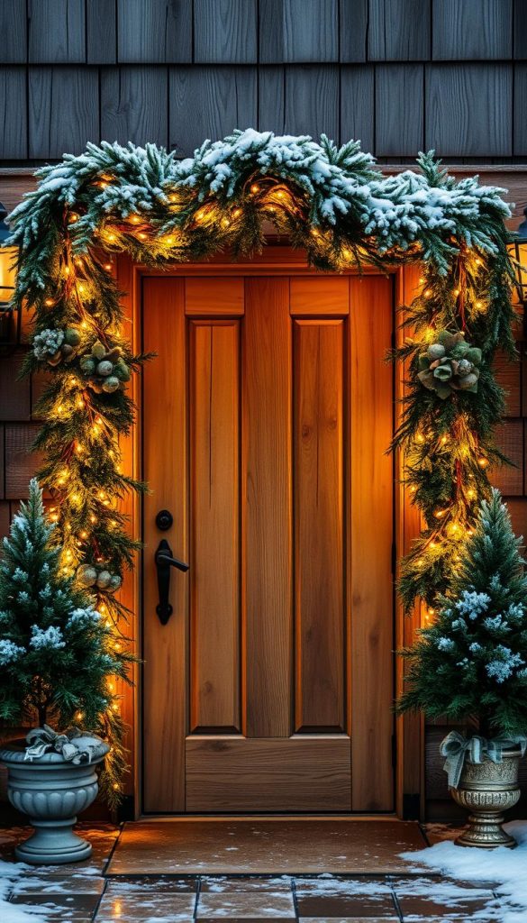 A cozy entrance adorned with a twinkling garland of warm, golden lights cascading down the doorframe, casting a soft, inviting glow. The natural wood door, weathered by time, stands as a rustic focal point, complemented by lush, evergreen foliage and delicate frost-kissed accents. The scene exudes a sense of winter wonder, evoking a charming, Pinterest-inspired ambiance that beckons visitors to step inside and experience the enchantment of the holiday season.