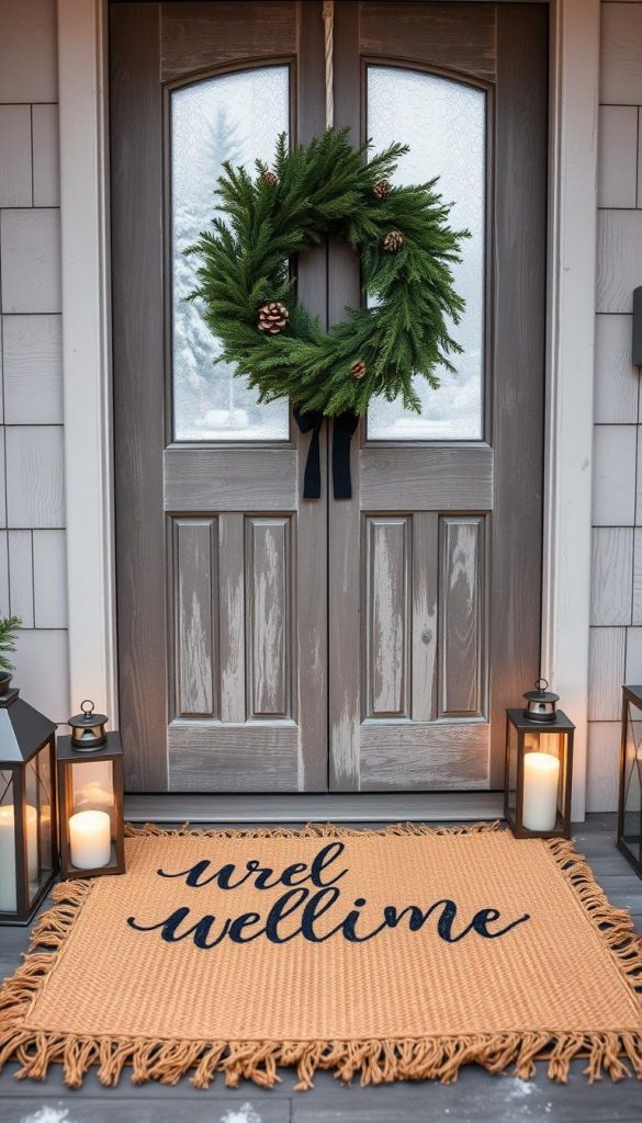 A cozy entrance mat of natural jute fibers sits at the threshold, embellished with a warm, festive message in cursive calligraphy. The soft, muted tones of the mat complement the weathered wood of the doorframe, creating a charming, rustic vibe. Gentle, diffused lighting from nearby lanterns casts a glowing, inviting ambiance, while a lush, evergreen wreath hangs above, adding a touch of organic elegance. In the background, a snowy winter landscape is visible through the partially frosted glass of the door, evoking a sense of seasonal wonder. The overall scene exudes a welcoming, homey atmosphere, perfect for the &quot;KlickKiste&quot; winter-inspired editorial.