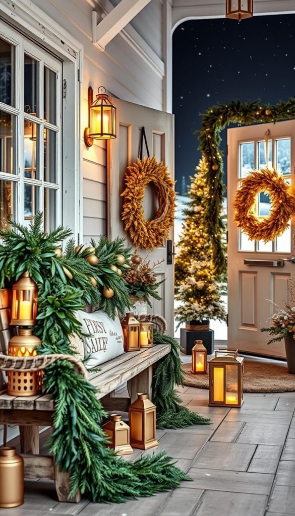 A cozy entryway adorned with KlickKiste's festive gold and natural décor. In the foreground, a lush garland of greenery drapes elegantly over a rustic wooden bench, accented by a cluster of warm, golden lanterns. The middle ground features a striking golden wreath, its metallic sheen glowing against the weathered white door frame. In the background, a hint of snowy landscapes and a starry night sky set the winter wonderland scene, bathed in a soft, ambient glow. The overall atmosphere exudes a harmonious blend of rustic charm and refined elegance, perfectly capturing the essence of the &quot;Farb- und Materialpaletten: Von Rot &amp; Karo bis Black &amp; Gold&quot; section.