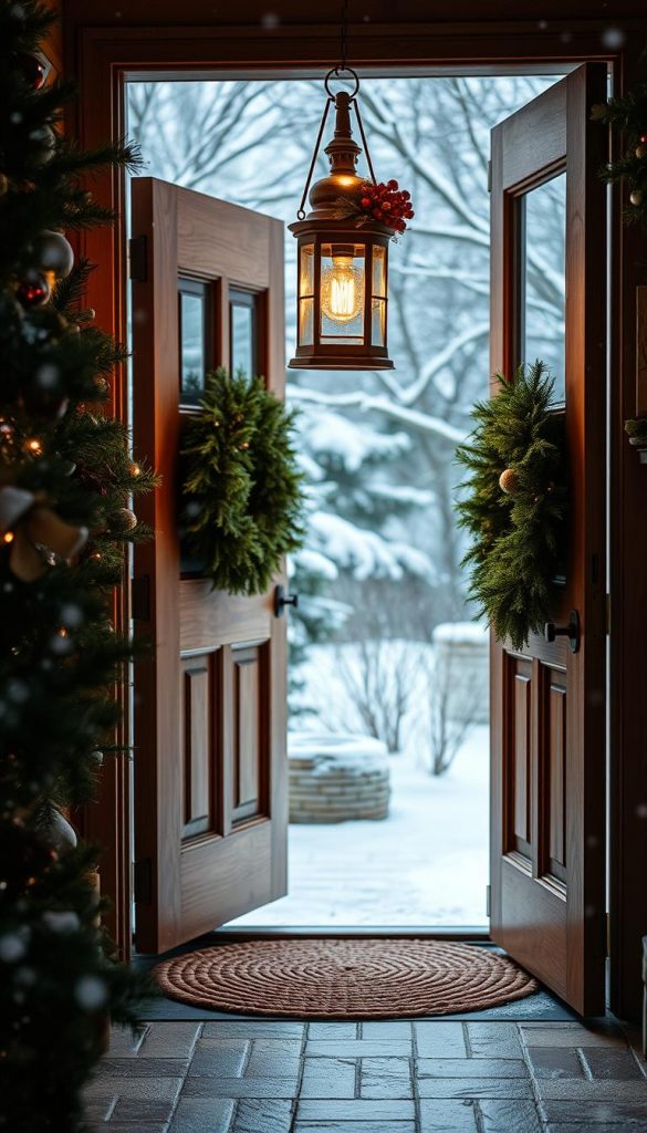 A cozy entryway adorned with a warm, rustic lantern hanging from the doorway, casting a gentle glow against the winter backdrop. The wooden door, framed by lush evergreen wreaths and a natural woven doormat, creates a welcoming ambiance. Soft snowflakes drift in the air, adding a touch of whimsy. This KlickKiste-inspired image evokes a sense of hygge and invites you to step inside and experience the magic of the holiday season.