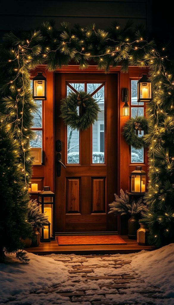 A cozy entryway bathed in a warm glow, festive lights gently illuminating the scene. Rustic wooden door framed by garlands of fresh pine, accented with twinkling fairy lights. Decorative lanterns and candles casting a soft, inviting ambiance. A layer of fresh snow covers the ground, reflecting the twinkling lights. Evergreen wreaths and seasonal foliage add pops of natural green. The overall atmosphere is one of winter enchantment, a welcoming invitation to step inside and experience the holiday spirit.