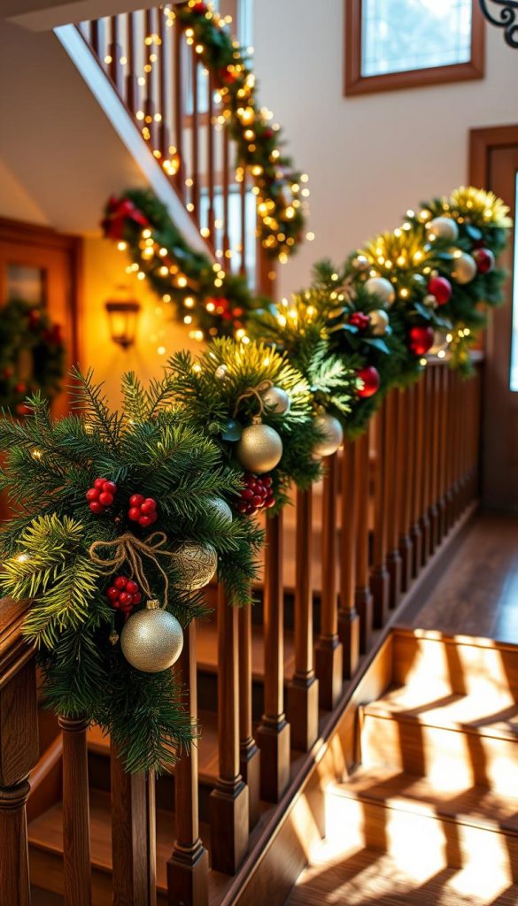 A cozy entryway with a wooden staircase and a decorative railing adorned with lush garlands, twinkling lights, and festive ornaments. Warm, golden lighting casts a welcoming glow, creating a harmonious winter wonderland scene. The railing is accented with clusters of evergreen boughs, red berries, and a touch of metallic accents, all tied together with rustic twine. The overall atmosphere is inviting and Pinterest-worthy, perfect for setting the mood for the holiday season.