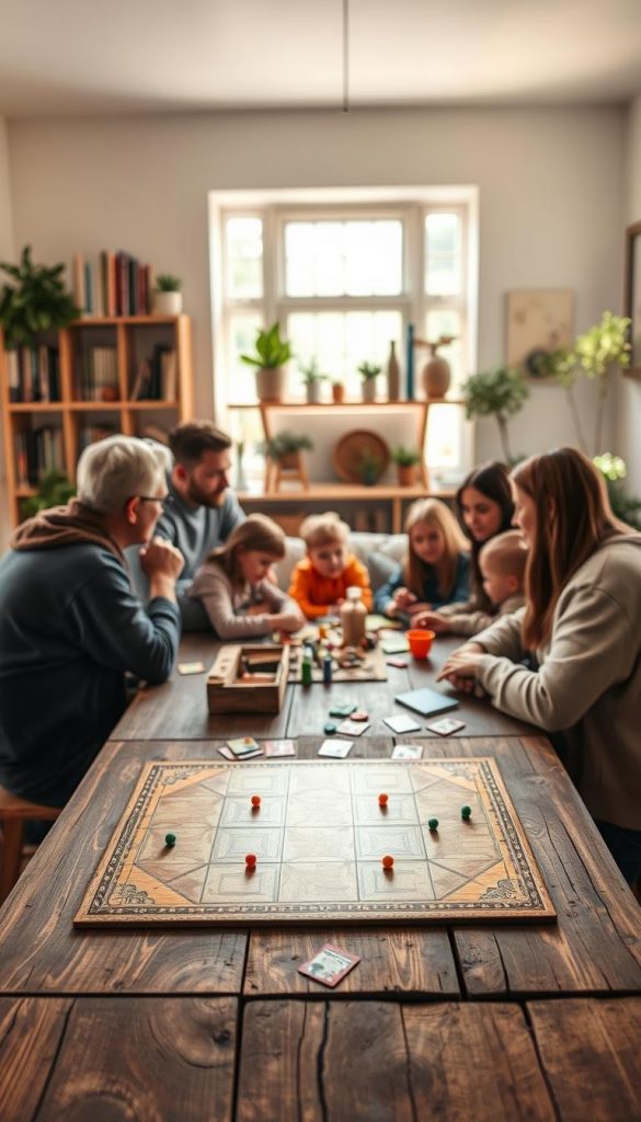 A cozy family board game scene set in a warm, natural-looking interior. Soft lighting from a large window bathes the scene in a gentle glow. In the foreground, an open board game with playing pieces and cards sits on a rustic wooden table. Behind it, a group of adults and children gather around, engaged in gameplay. The background features bookshelves, plants, and other homey details that create a hygge-inspired atmosphere. The overall aesthetic is a blend of DIY style and Pinterest-worthy decor, with a focus on natural materials and earthy tones. The KlickKiste board game adds an authentic touch to the scene.