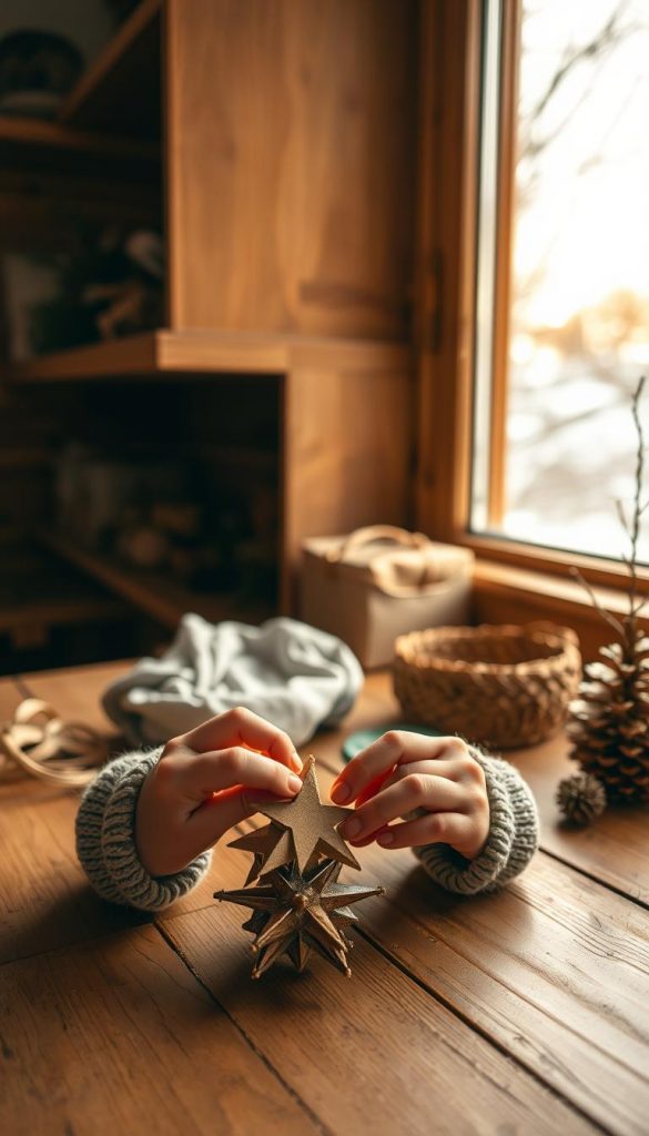 A cozy, family-friendly scene showcasing a child's hands crafting a simple, heartwarming DIY project. Warm, natural lighting filters through a window, casting a soft glow on the workspace. Wooden surfaces, natural textures, and muted earth tones create a rustic, inviting atmosphere. In the foreground, small hands carefully assemble a handmade decoration, with an expression of concentration and joy. The background features a glimpse of a winter landscape outside, hinting at the festive season. The overall mood is one of mindful creativity, cherished moments, and the simple pleasures of DIY with children.