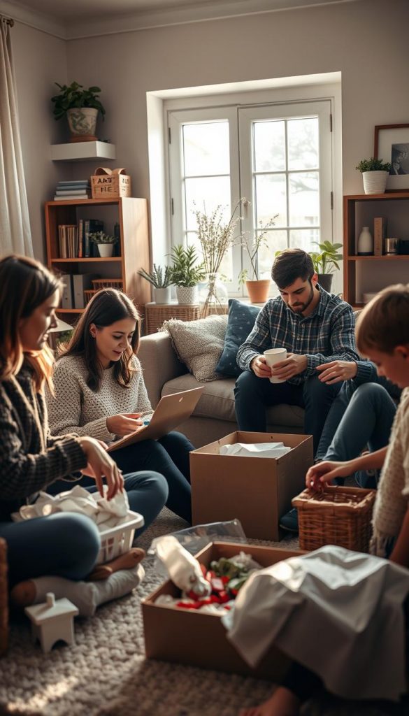 A cozy family gathering in a warm, inviting living room. Soft natural light filters through the windows, casting a gentle glow on a group of people engaged in various activities. In the foreground, a mother and daughter sit together, sorting and organizing household items. In the middle ground, a father and son work side by side, tackling a simple DIY project. The background features a bookshelf, plants, and personal decor, creating a sense of comfort and homeliness. The scene exudes a sense of productivity, togetherness, and a 'KlickKiste' aesthetic - natural, authentic, and visually appealing. The overall mood is one of productivity, coziness, and winter-inspired warmth.